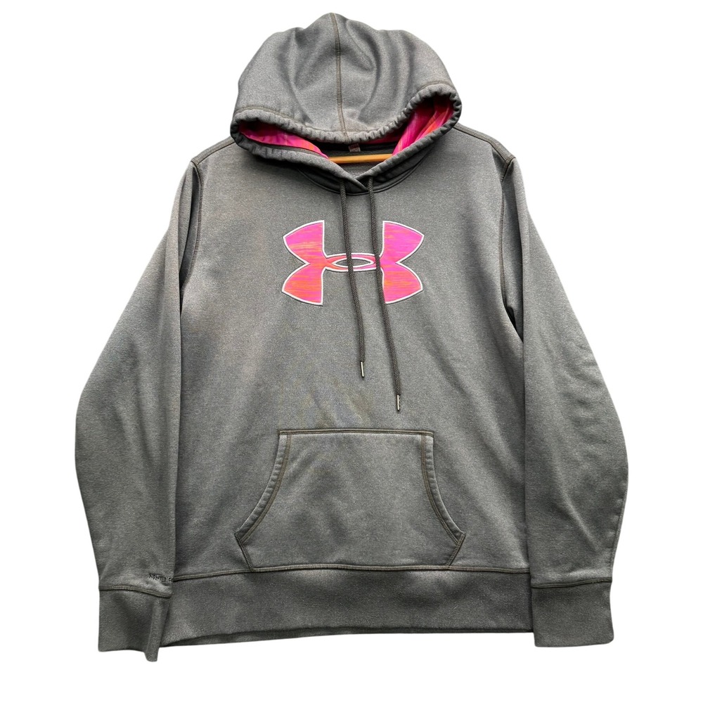 Under Armour Hoodie Women's L Gray Pink Logo Storm Pullover Sweatshirt